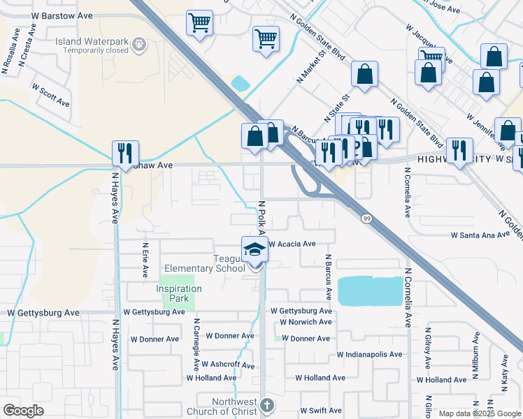 map of restaurants, bars, coffee shops, grocery stores, and more near 4853 North Ellendale Avenue in Fresno