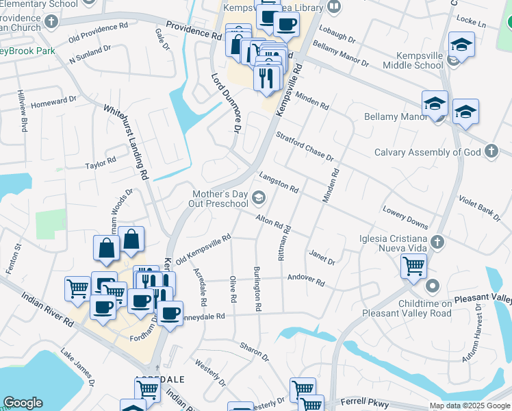 map of restaurants, bars, coffee shops, grocery stores, and more near 1072 Old Kempsville Road in Virginia Beach