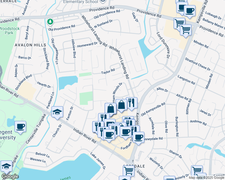 map of restaurants, bars, coffee shops, grocery stores, and more near 1105 Birnam Woods Drive in Virginia Beach