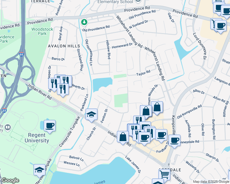 map of restaurants, bars, coffee shops, grocery stores, and more near 1111 Thompkins Lane in Virginia Beach