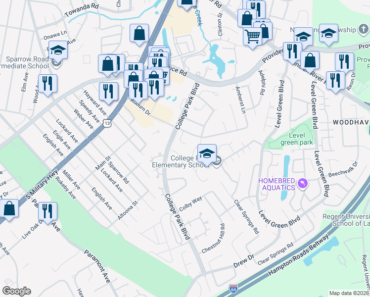 map of restaurants, bars, coffee shops, grocery stores, and more near 6320 Babson Way in Virginia Beach