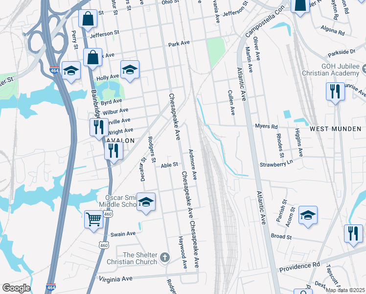 map of restaurants, bars, coffee shops, grocery stores, and more near 2013 Ardmore Avenue in Chesapeake