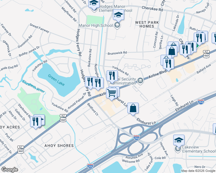 map of restaurants, bars, coffee shops, grocery stores, and more near 3500 Airline Boulevard in Portsmouth