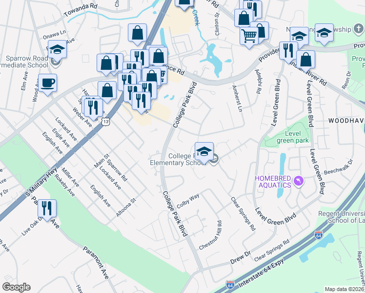 map of restaurants, bars, coffee shops, grocery stores, and more near 6320 Babson Way in Virginia Beach