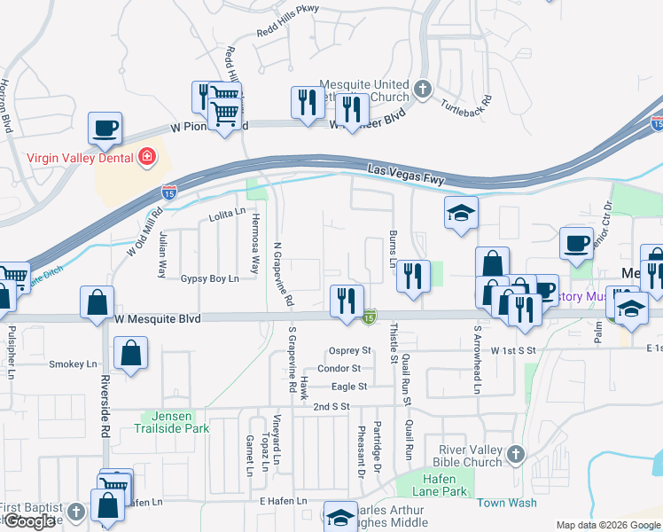 map of restaurants, bars, coffee shops, grocery stores, and more near 261 Sun Valley Drive in Mesquite