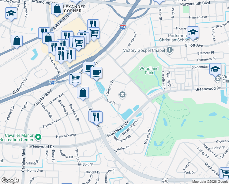 map of restaurants, bars, coffee shops, grocery stores, and more near 120 Campus Drive in Portsmouth