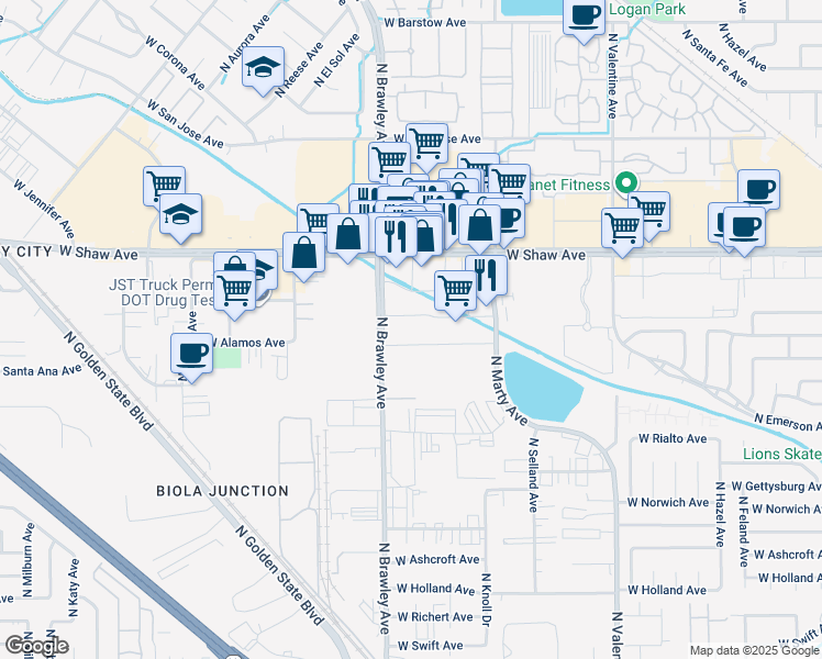 map of restaurants, bars, coffee shops, grocery stores, and more near 4057 W Shaw Ave in Fresno