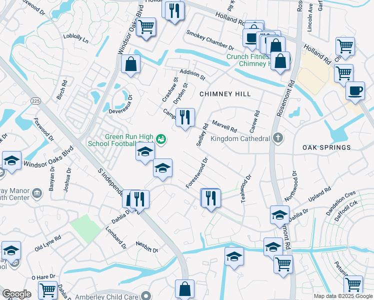 map of restaurants, bars, coffee shops, grocery stores, and more near 3884 Sweetbriar Court in Virginia Beach