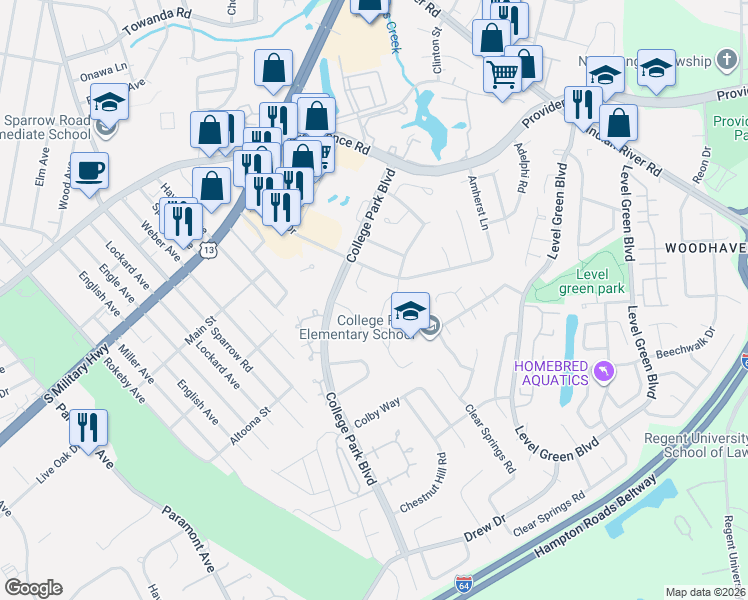 map of restaurants, bars, coffee shops, grocery stores, and more near 6320 Babson Way in Virginia Beach