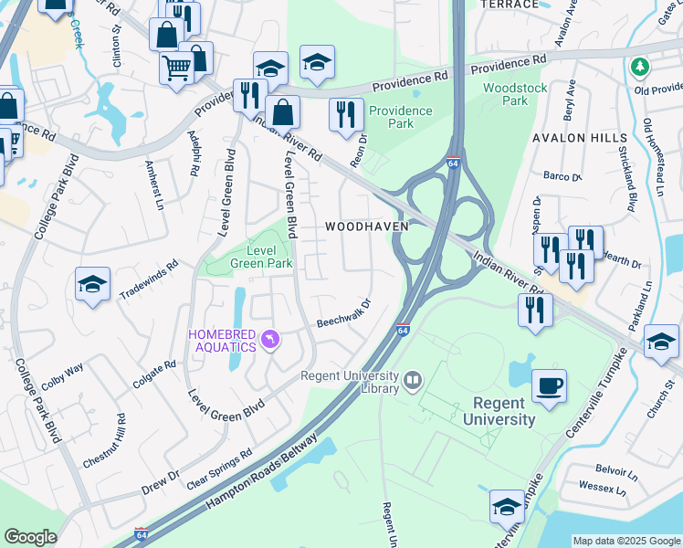 map of restaurants, bars, coffee shops, grocery stores, and more near 1069 Reon Drive in Virginia Beach