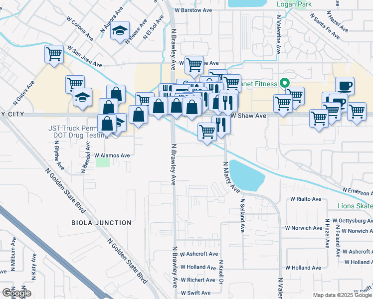 map of restaurants, bars, coffee shops, grocery stores, and more near 3699 West Shaw Avenue in Fresno