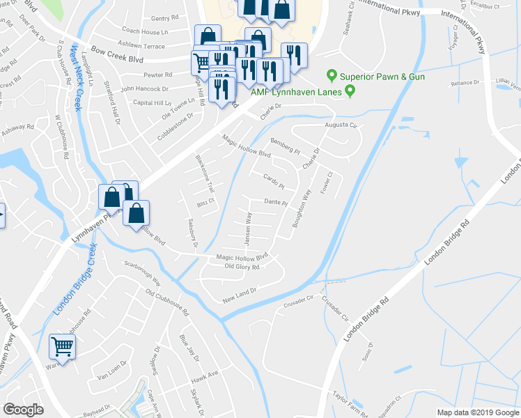 map of restaurants, bars, coffee shops, grocery stores, and more near 2916 Dubois Place in Virginia Beach