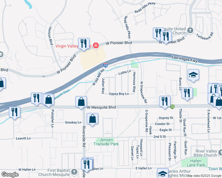 map of restaurants, bars, coffee shops, grocery stores, and more near 133 Emtly Way in Mesquite