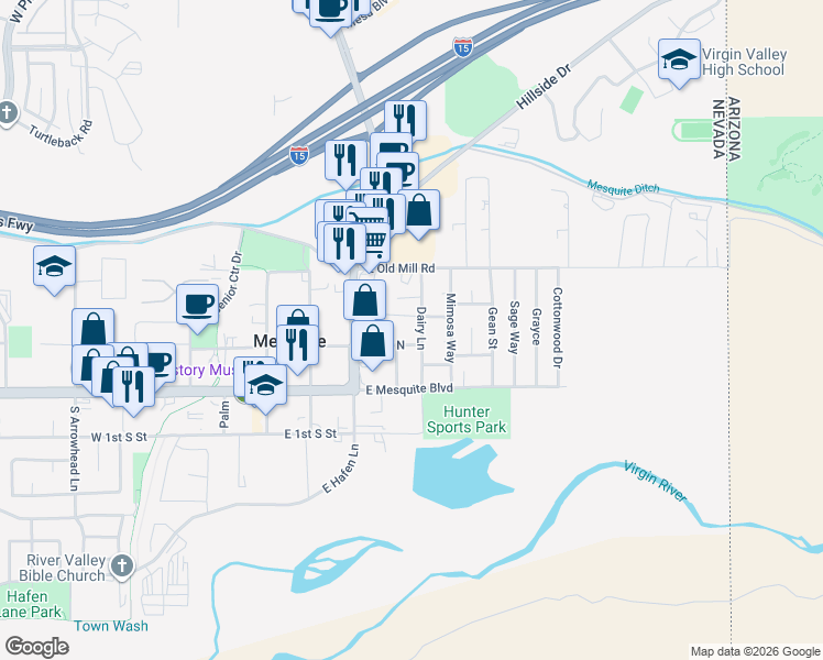 map of restaurants, bars, coffee shops, grocery stores, and more near 98 Hughes Avenue in Mesquite