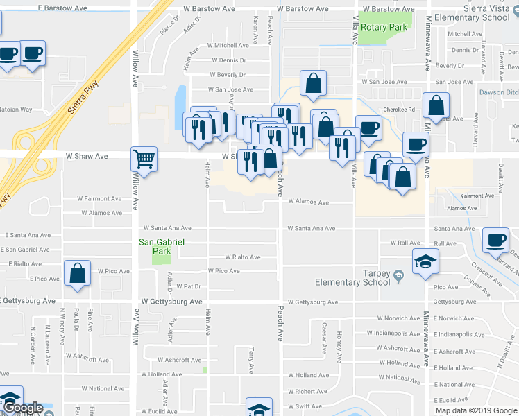 map of restaurants, bars, coffee shops, grocery stores, and more near 460 West Alamos Avenue in Clovis