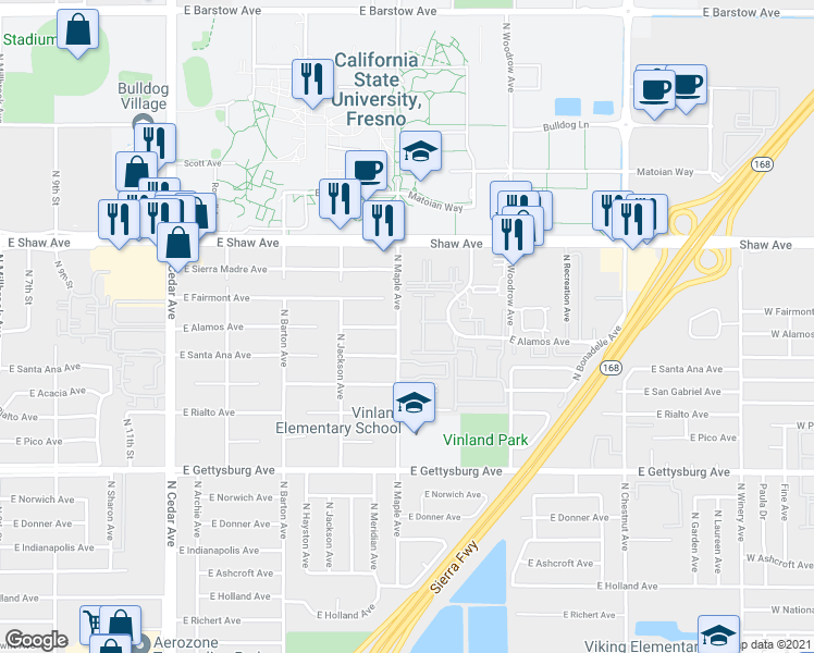 map of restaurants, bars, coffee shops, grocery stores, and more near 4875 North Backer Avenue in Fresno