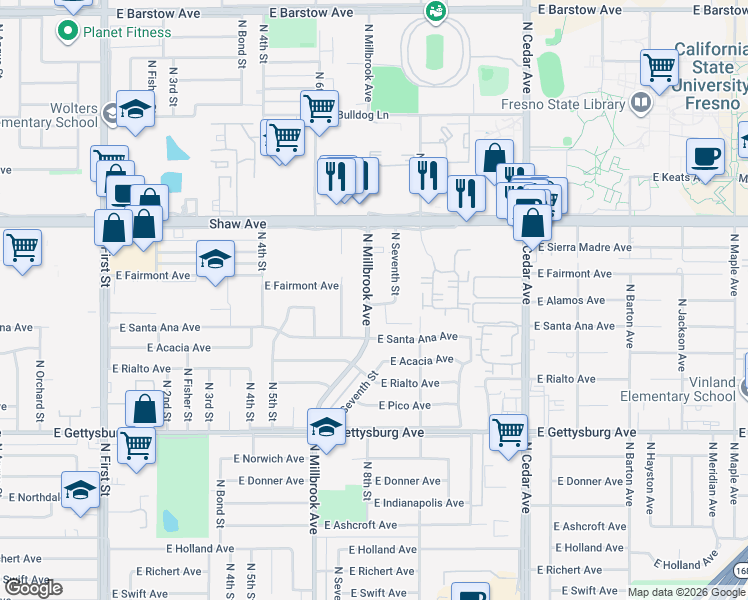 map of restaurants, bars, coffee shops, grocery stores, and more near 3852 East Alamos Avenue in Fresno