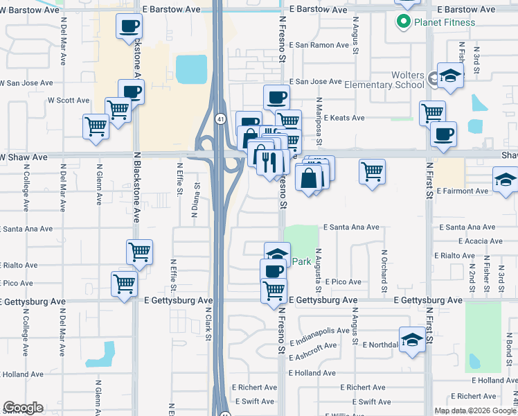 map of restaurants, bars, coffee shops, grocery stores, and more near 2406 East Alamos Avenue in Fresno