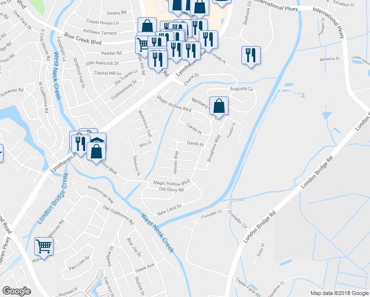 map of restaurants, bars, coffee shops, grocery stores, and more near 2917 Dubois Place in Virginia Beach