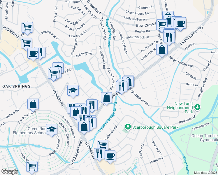 map of restaurants, bars, coffee shops, grocery stores, and more near 956 South Club House Road in Virginia Beach