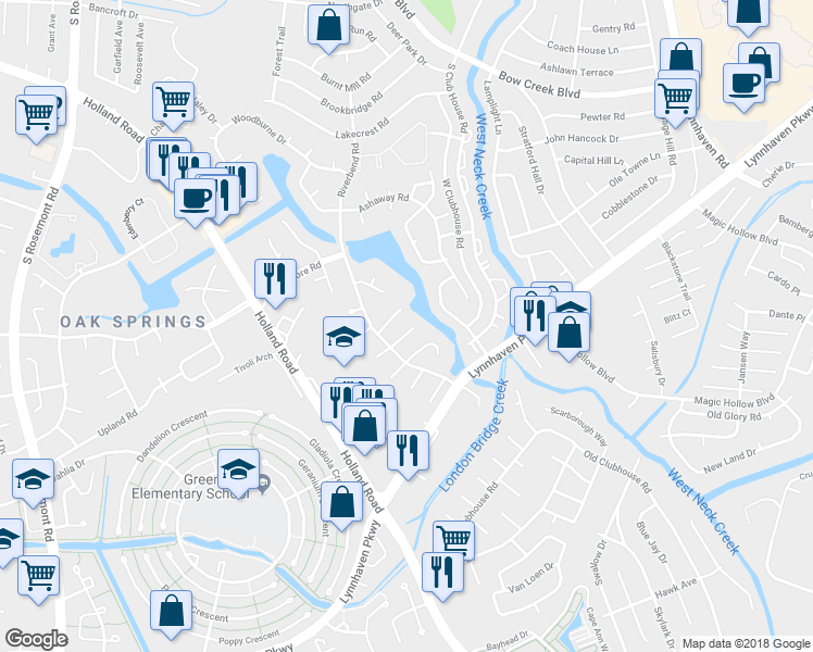 map of restaurants, bars, coffee shops, grocery stores, and more near 3209 Turtle Rock Drive in Virginia Beach