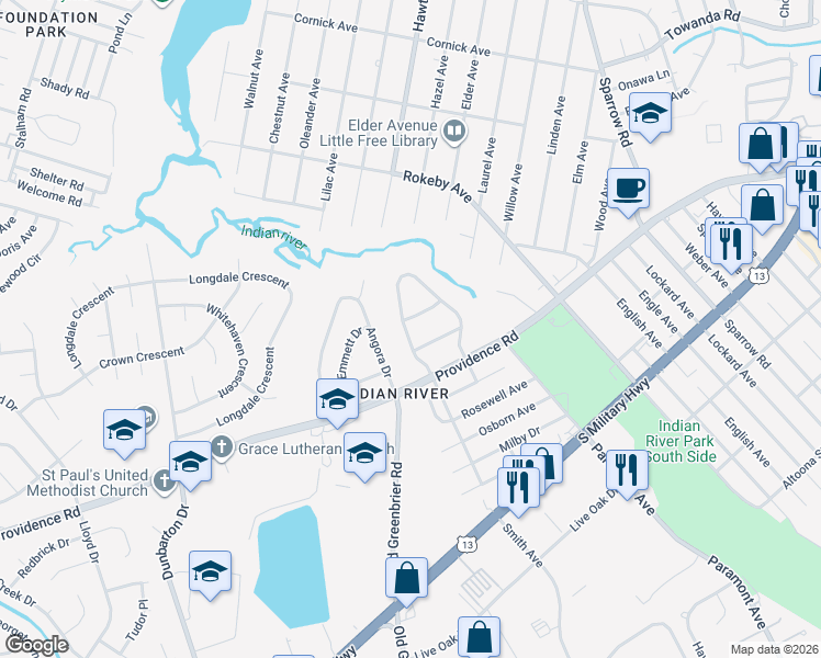 map of restaurants, bars, coffee shops, grocery stores, and more near 2416 Smith Avenue in Chesapeake