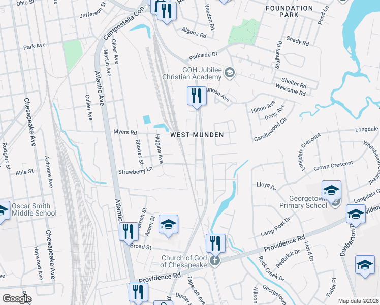 map of restaurants, bars, coffee shops, grocery stores, and more near 2418 Vincent Street in Chesapeake