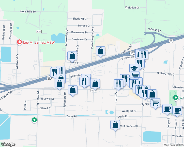 map of restaurants, bars, coffee shops, grocery stores, and more near 1111 Hickory Log Drive in Dexter