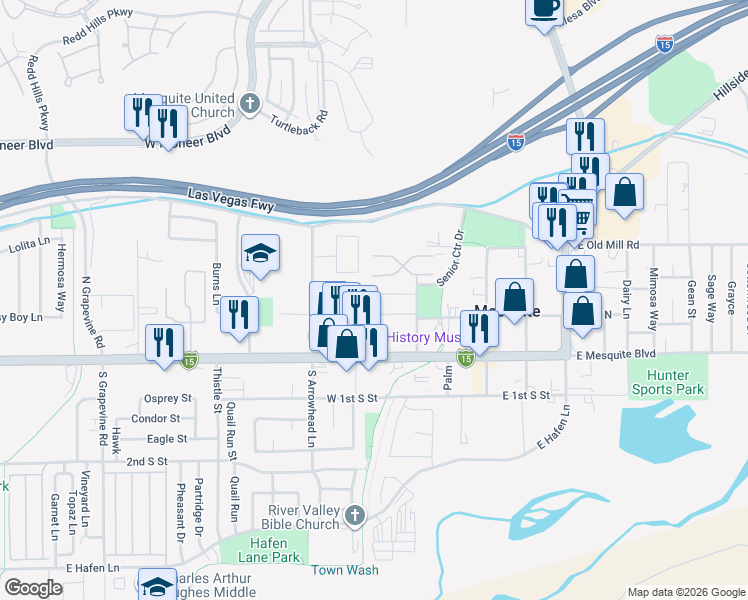 map of restaurants, bars, coffee shops, grocery stores, and more near 121 Elwin Whipple Way in Mesquite