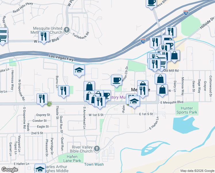 map of restaurants, bars, coffee shops, grocery stores, and more near 261 West 1st North Street in Mesquite