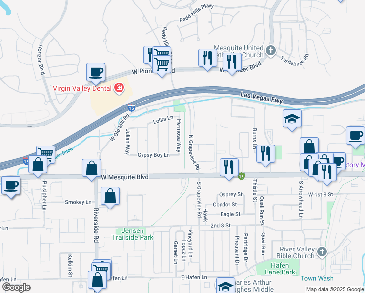 map of restaurants, bars, coffee shops, grocery stores, and more near 162 Hermosa Way in Mesquite