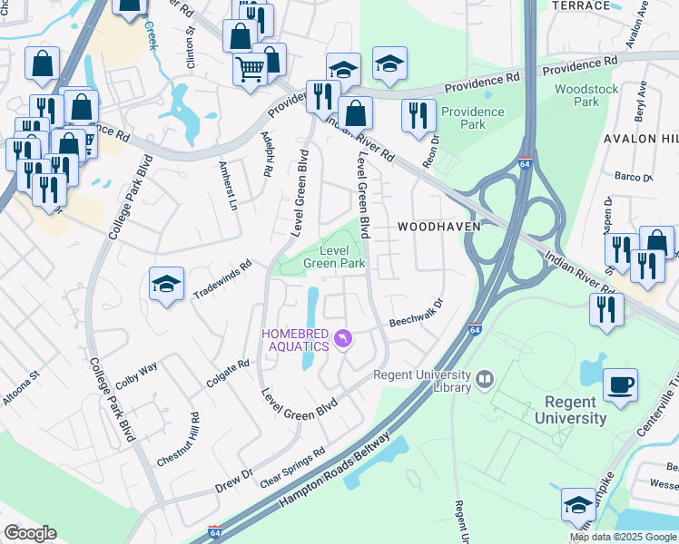map of restaurants, bars, coffee shops, grocery stores, and more near 5960 Clear Springs Court in Virginia Beach