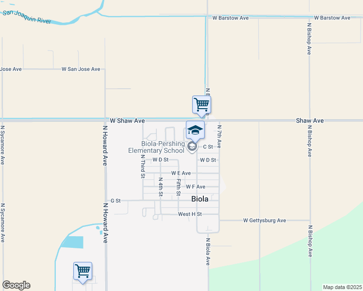 map of restaurants, bars, coffee shops, grocery stores, and more near 12542 West A Street in Biola