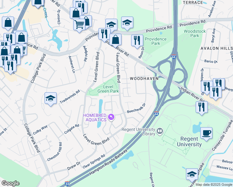 map of restaurants, bars, coffee shops, grocery stores, and more near 5912 Clear Springs Court in Virginia Beach