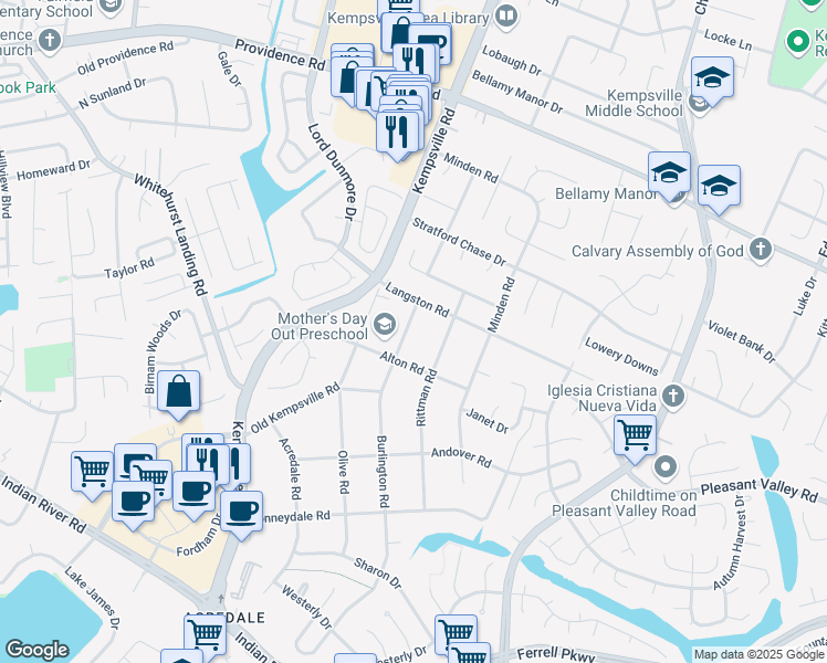 map of restaurants, bars, coffee shops, grocery stores, and more near 1064 Burlington Road in Virginia Beach