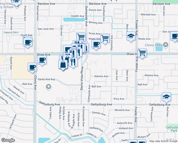map of restaurants, bars, coffee shops, grocery stores, and more near 2297 Acacia Avenue in Clovis