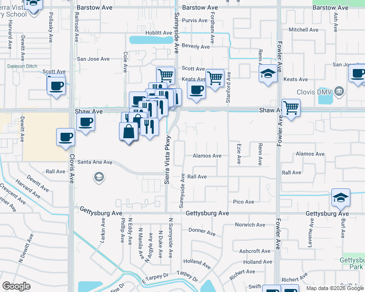 map of restaurants, bars, coffee shops, grocery stores, and more near 2297 Acacia Avenue in Clovis