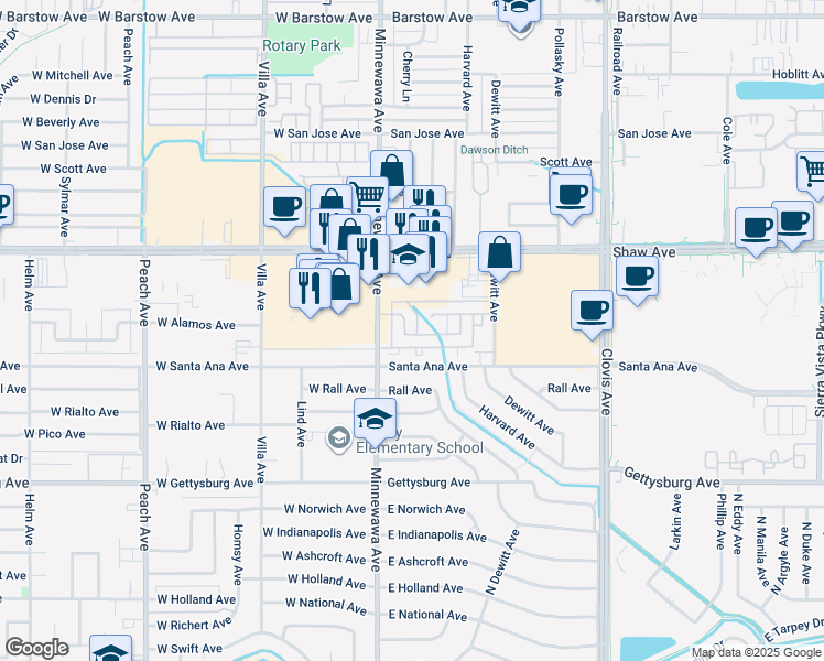 map of restaurants, bars, coffee shops, grocery stores, and more near 128 Alamos Avenue in Clovis