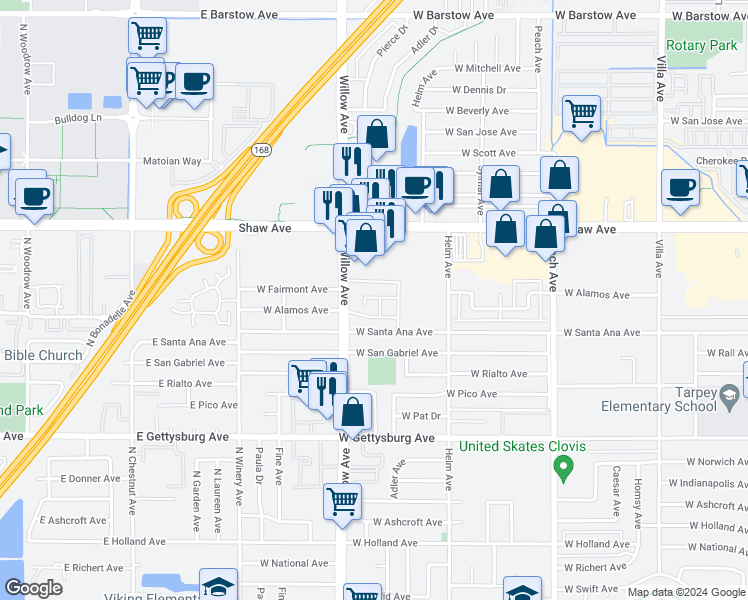 map of restaurants, bars, coffee shops, grocery stores, and more near 685 West Santa Ana Avenue in Clovis