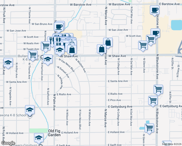 map of restaurants, bars, coffee shops, grocery stores, and more near 736 East Alamos Avenue in Fresno