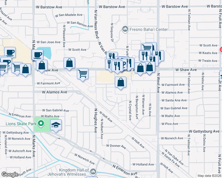 map of restaurants, bars, coffee shops, grocery stores, and more near 4852 North Hulbert Avenue in Fresno
