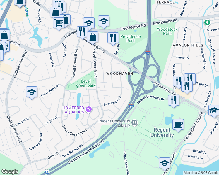 map of restaurants, bars, coffee shops, grocery stores, and more near 1073 Reon Drive in Virginia Beach