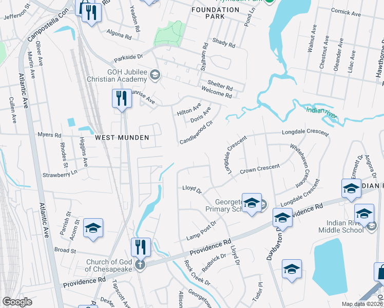 map of restaurants, bars, coffee shops, grocery stores, and more near 2526 Rock Creek Drive in Chesapeake