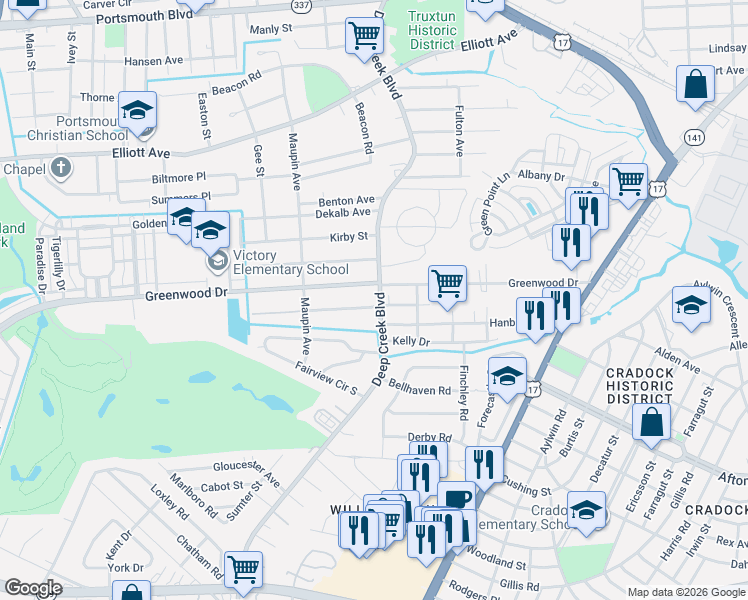 map of restaurants, bars, coffee shops, grocery stores, and more near 4017 Deep Creek Boulevard in Portsmouth