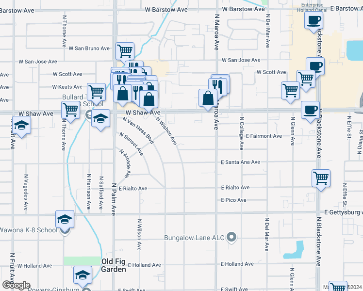 map of restaurants, bars, coffee shops, grocery stores, and more near 705 East Alamos Avenue in Fresno