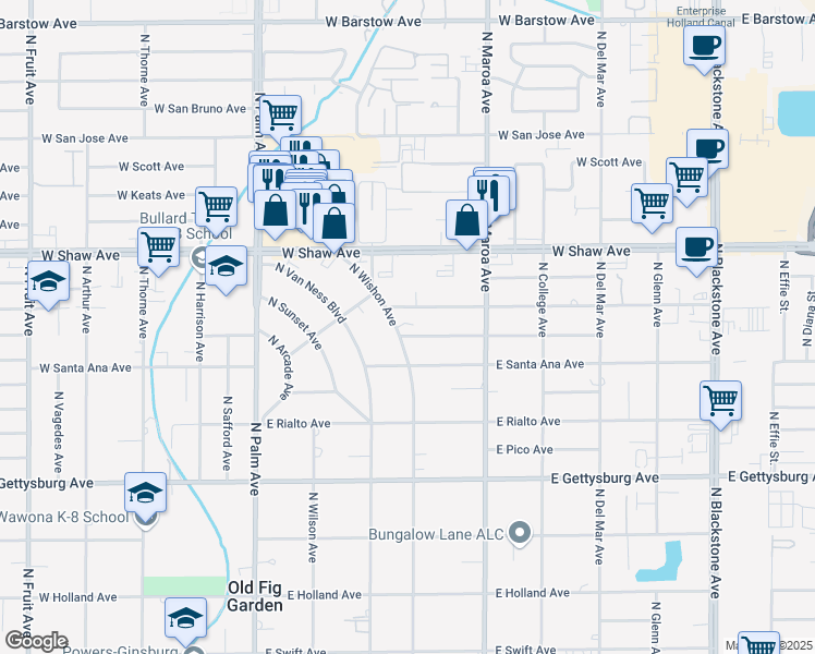 map of restaurants, bars, coffee shops, grocery stores, and more near 705 East Alamos Avenue in Fresno