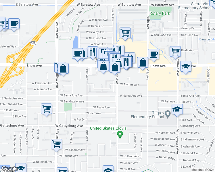map of restaurants, bars, coffee shops, grocery stores, and more near 455 West Alamos Avenue in Clovis