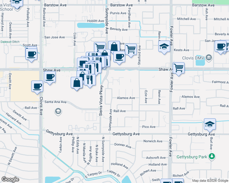 map of restaurants, bars, coffee shops, grocery stores, and more near 2239 Sunnyside Avenue in Clovis