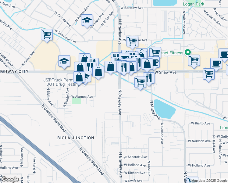 map of restaurants, bars, coffee shops, grocery stores, and more near 4057 West Shaw Avenue in Fresno