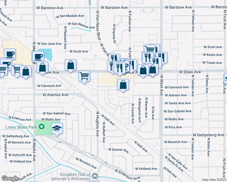 map of restaurants, bars, coffee shops, grocery stores, and more near 4852 North Hulbert Avenue in Fresno